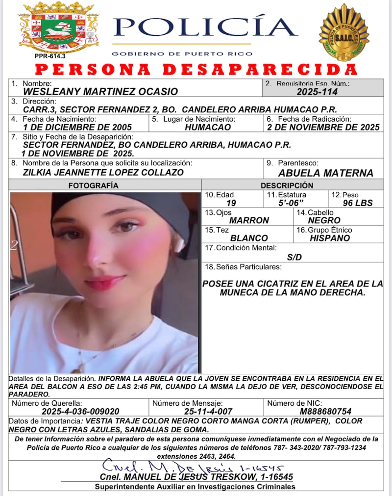 Joven desaparecida en Humacao.
