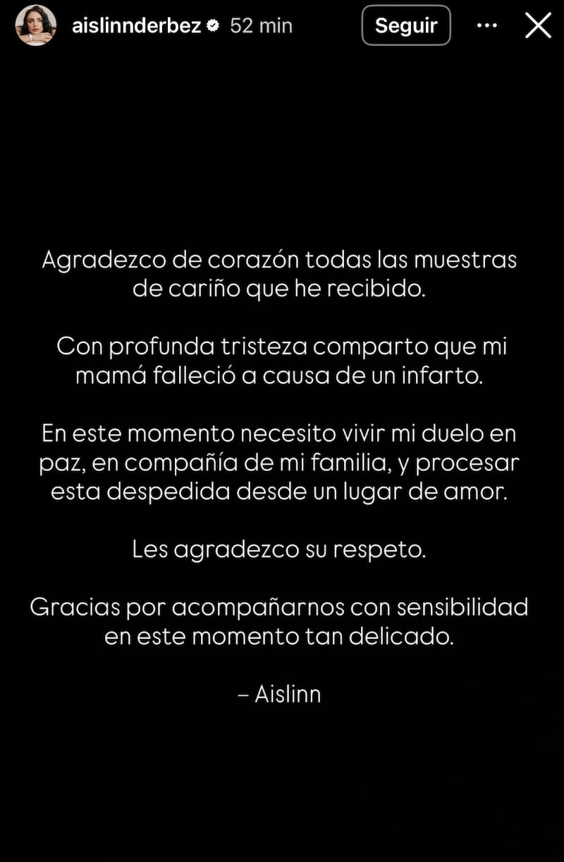 Esto pidió Aislinn Derbez tras anunciarse la muerte de su madre
